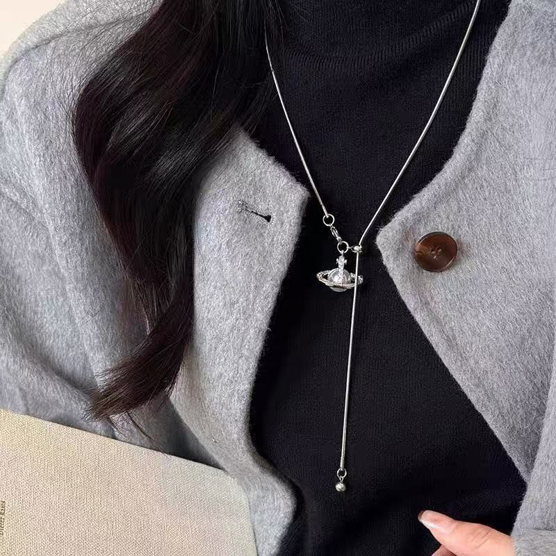 Simple Bowknot Saturn Drawstring Long Necklace Fashion Trendy Sweater ...