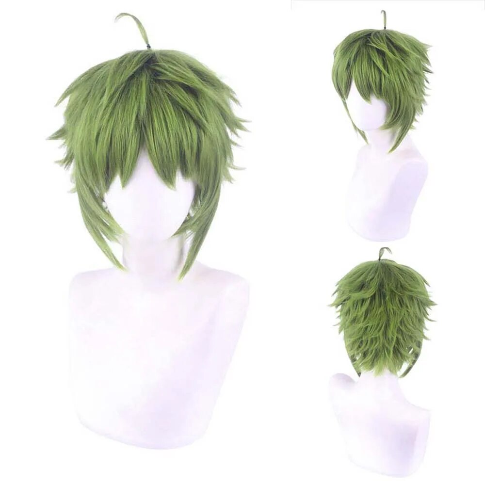 Men Synthetic Green Short Wavy Wig Cosplay Anime Costume Boy Fake Hair Cosplay Wig For Halloween Christmas Party+Hair Cap