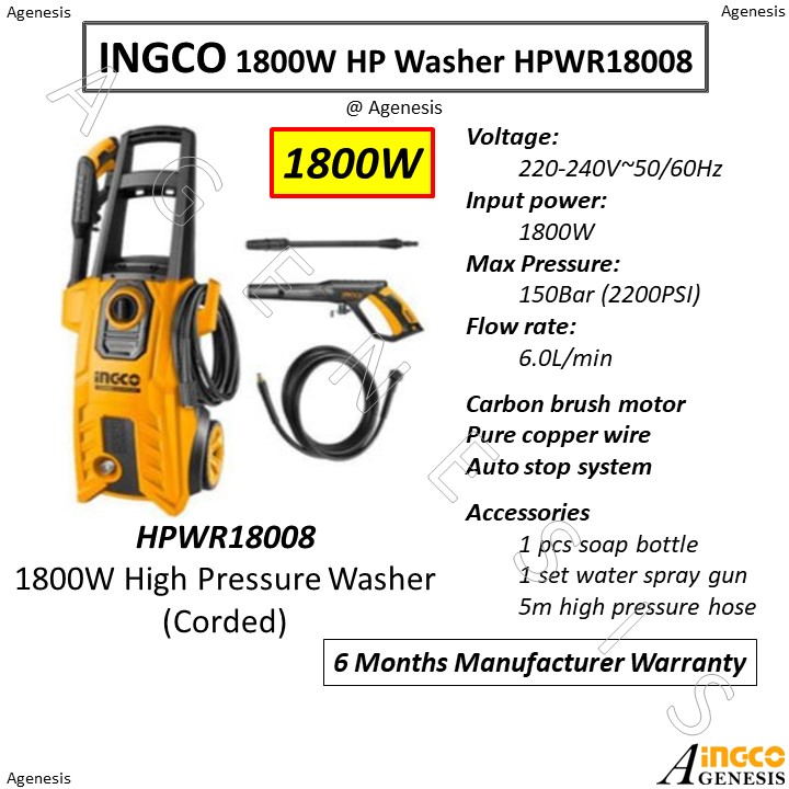 INGCO HPWR18008 Nettoyeur Haute-Pression - 1800W, 150Bar