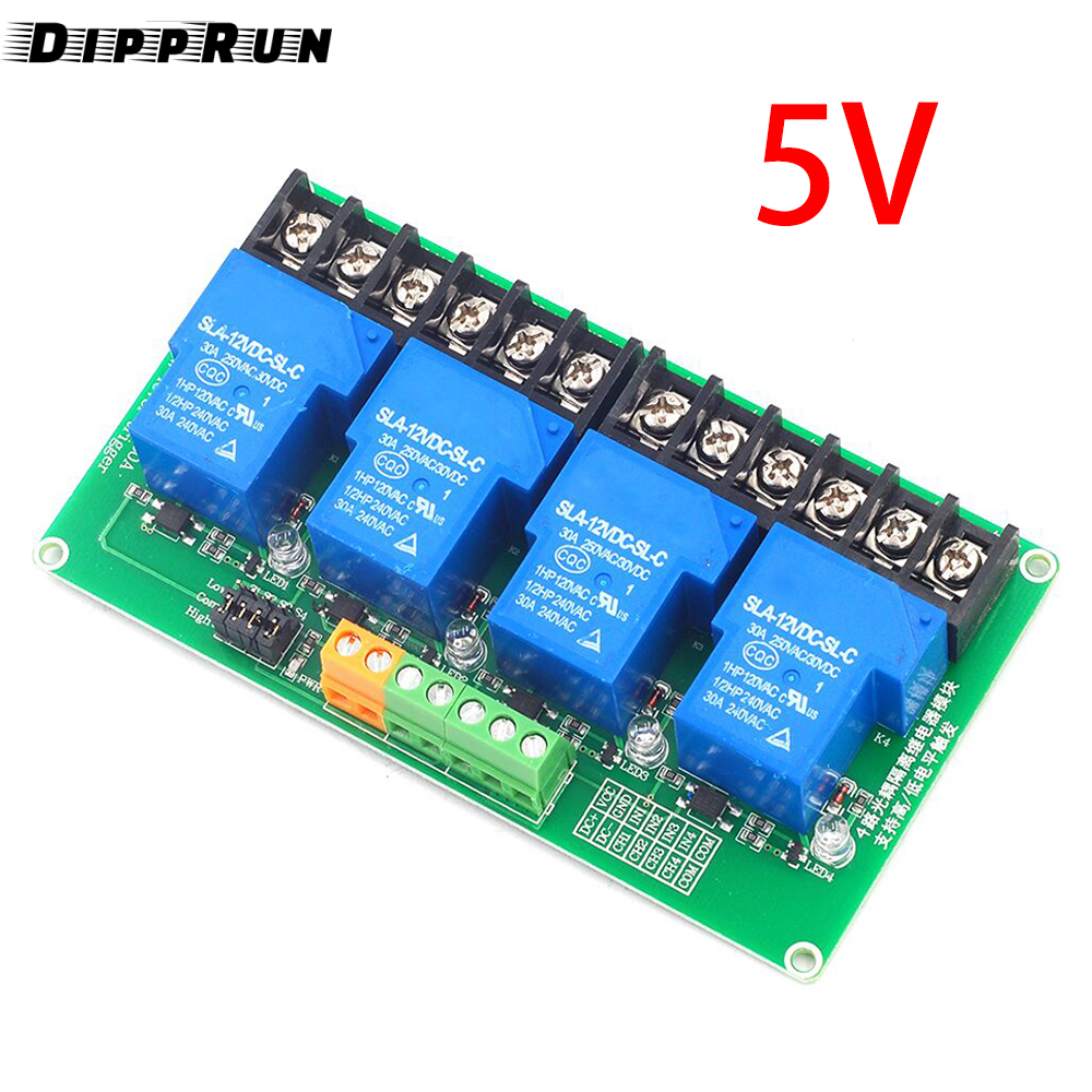 DIPPRUN AC250V 30A 4 Channel Relay Module High Power DC5V 12V 24V High Low Level Trigger Switch Module