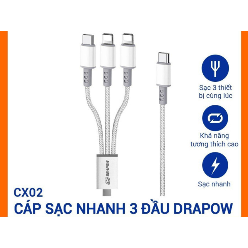 Cáp sạc nhanh 3 đầu ( Type-C to L+ L + C ) công suất 12w