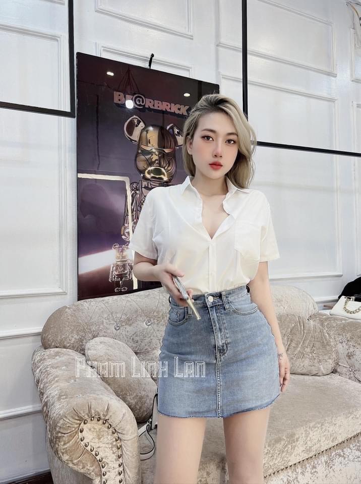 Chân váy jean ôm lưng cao co dãn form rách màu dơ