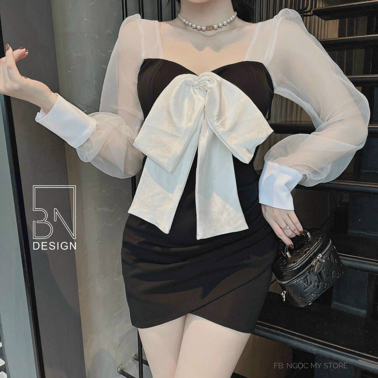 [ hàng mới] Đầm nơ Ngực Tay phối lới siêu xinh