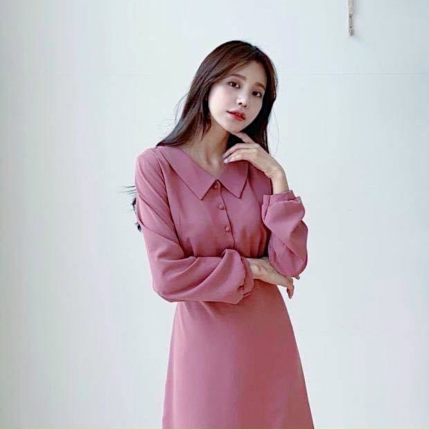 Đầm hồng ruốc nút bọc thắt eo