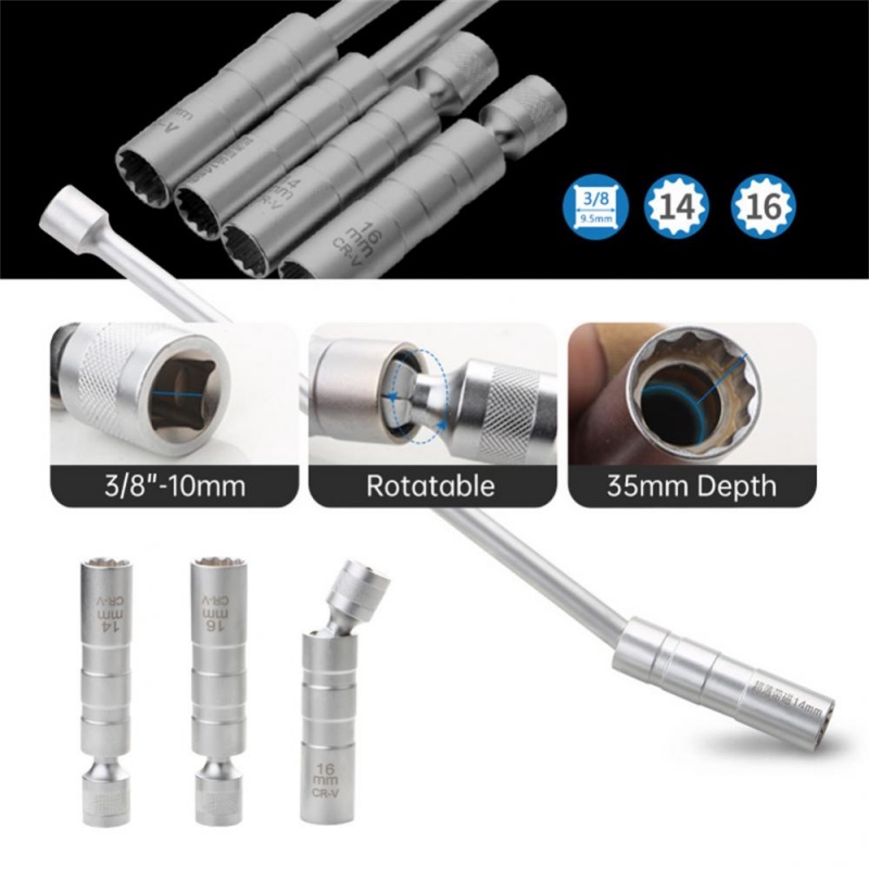14/16mm Spark Plug Sleeve Socket Wrench 12 Angle Rotation Thin Wall 3/8" Drive Thin Wall Car Removal Tool Automobiles Repair Spark Plug Disassembly Tool