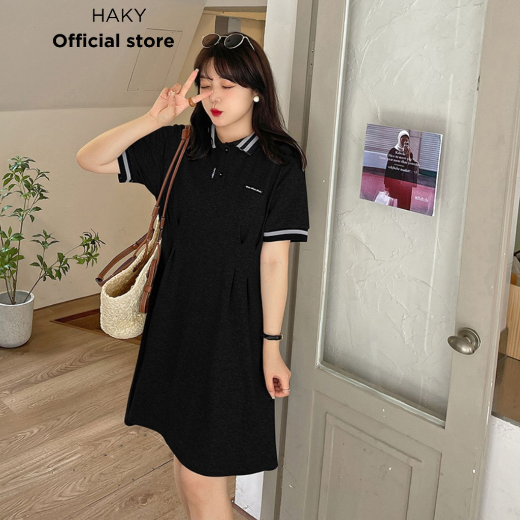 Đầm Nữ BigSize HAKY,Đầm Váy Nữ Basic Phối Cổ Dáng Suông Chất Liệu Cotton 15