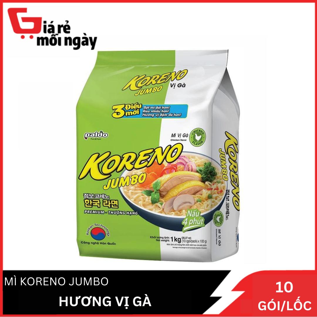 [Date 15/12/2024] Mì Koreno Jumbo Vị Gà Túi 10 Gói (100G/Gói)