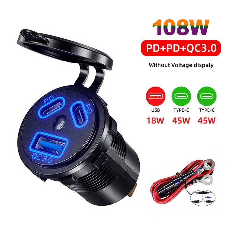 12v/24v usb outlet 108w 3 port dual pd 45w usb c car charger socket and quick charge 3.0 usb charger with voltmeter power switch