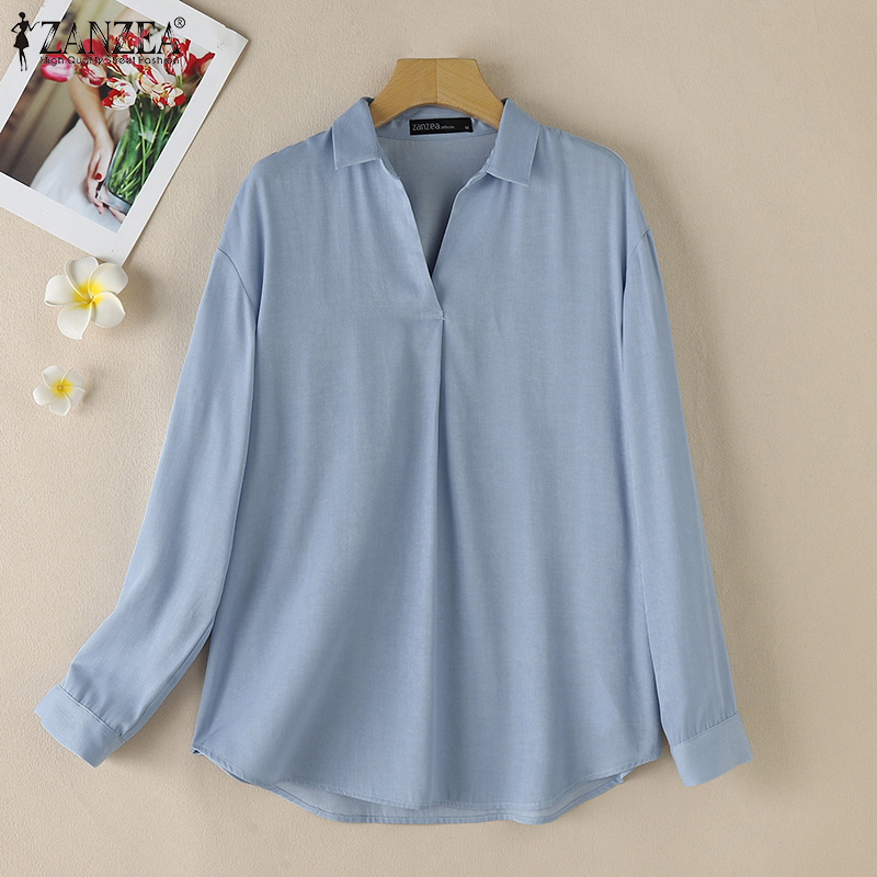 ZANZEA%20Women's%20Shirts%20Vintage%20Casual%20Lapel%20Long%20Sleeve%20Button%20Cuffs%20Solid%20Blouses%20Top%20-%20Image%205