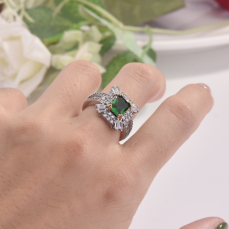 Emerald Diamond Square Princess Ring Engagement Ring