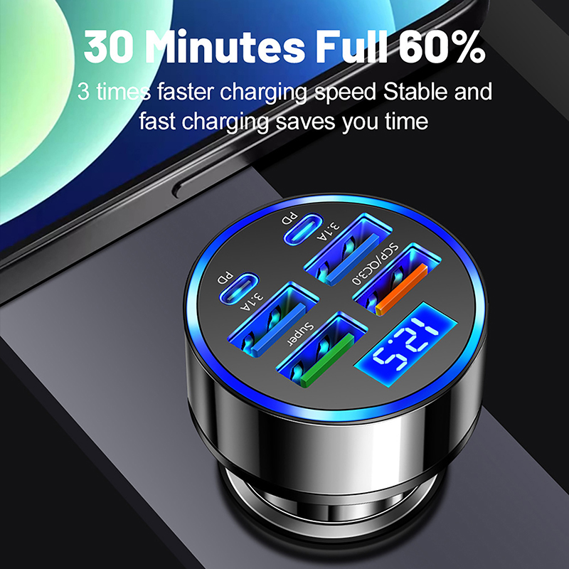 100W 6-Ports USB Type-C Car Charger With Voltage Display PD Fast Charging Power Adapter For Iphone Android Smart Phone Tablet. 