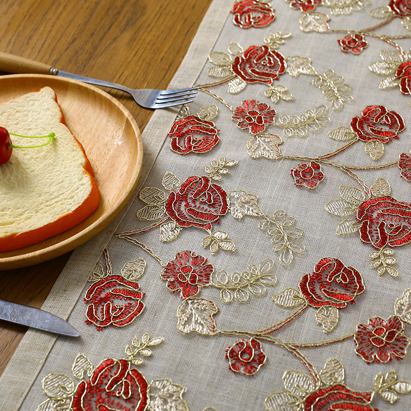 Linen embroidered table runner wedding Chinoiserie style red classical table cloth lace tea table cloth luxury decorative tablecloth TV cabinet coffee table cloth lace dust cover