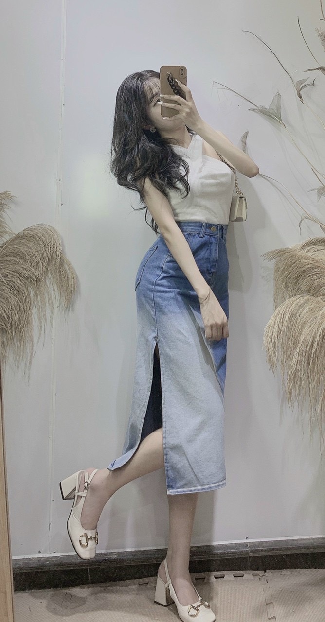Chân váy bò loang dài xẻ tà siêu hot hothit