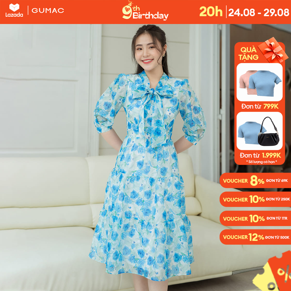 Đầm dáng a xòe gumac dd08035 tay lỡ nhún phồng, phối cổ nơ kiểu