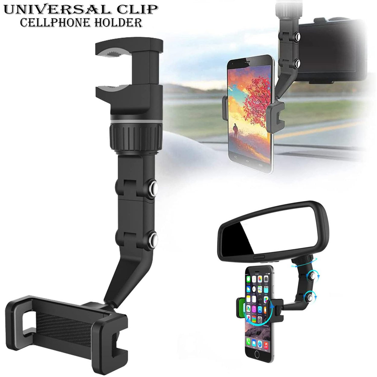 Universal 360°Car Rear View Mirror Mount Holder Stand for phone Easy To Install Phone Rack