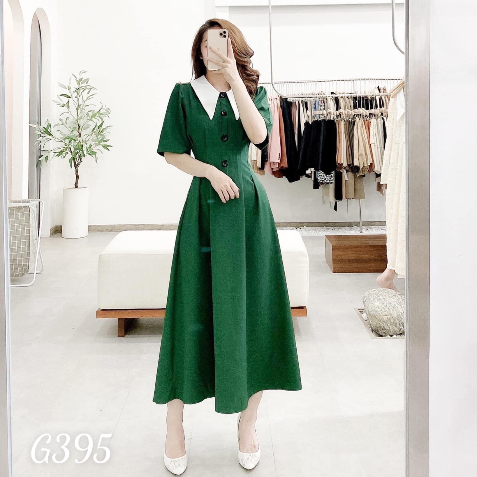 Đầm xoè maxi xếp ly cổ bẻ phối nút dạo phố voan lụa G395