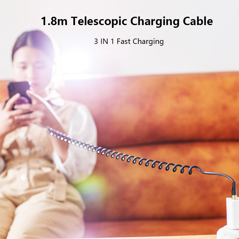 VAORLO Cáp USB Lò Xo 3 Trong 1 Cáp Sạc Nhanh 5A Có Thể Thu Vào 1.8M Dây Sạc Nhanh Type-C/Micro USB/Lightning Cáp Dữ Liệu Điện Thoại