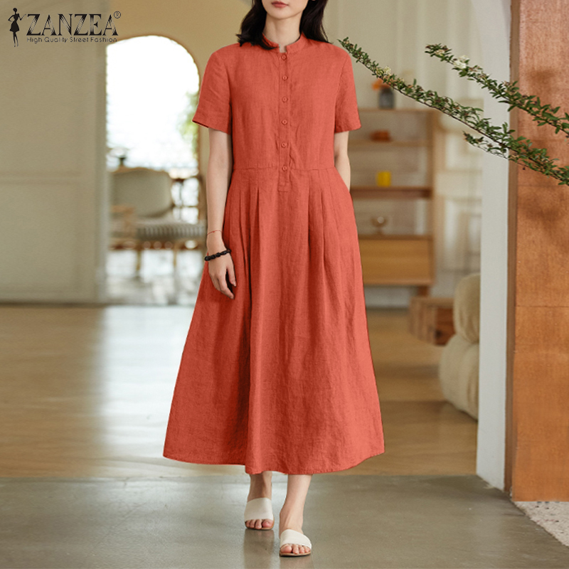 ZANZEA%20Korean%20Style%20Women's%20Dresses%20Vintage%20Casual%20Round%20Neck%20Short%20Sleeve%20Solid%20Color%20Midi%20Dress%20-%20Image%203
