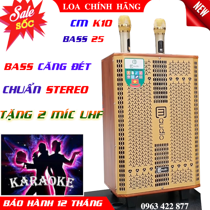 Loa kéo nhâp khẩu CM audio K10 bass 25 âm thanh sống động, tuyệt hảo, hình thức bắt mắt, tặng 2 míc UHF vang tuyệt đep