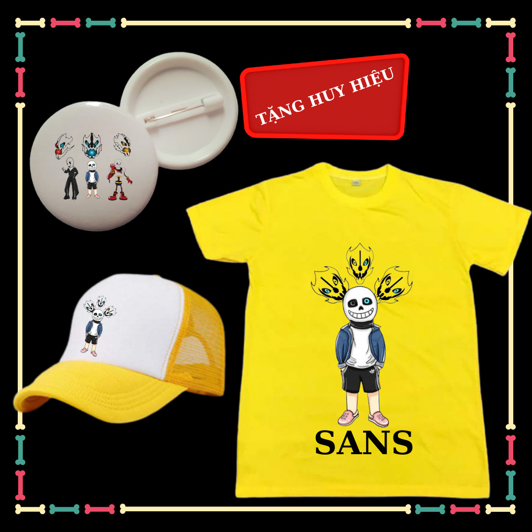 Set Áo thun Sans ba đầu trẻ em yêu thích, Kèm Mũ lưỡi trai Undertale Sans, Kèm Huy hiệu