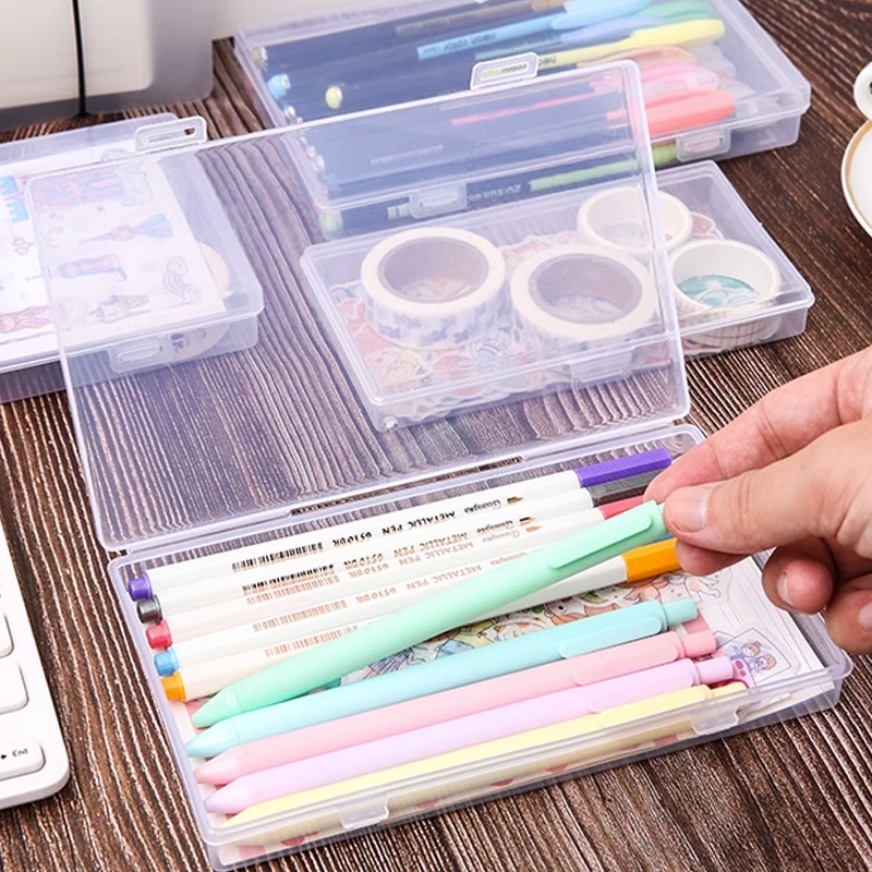 Trong suốt hình chữ nhật xách tay khóa hộp lưu trữ văn phòng phẩm lưu trữ Trường hợp với DIY dán