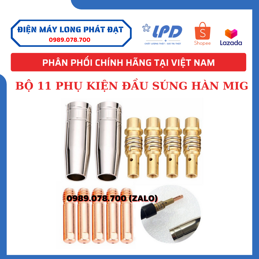 Bộ 11 phụ kiện máy hàn MIG gồm béc hàn/chụp hàn và khớp nối súng hàn