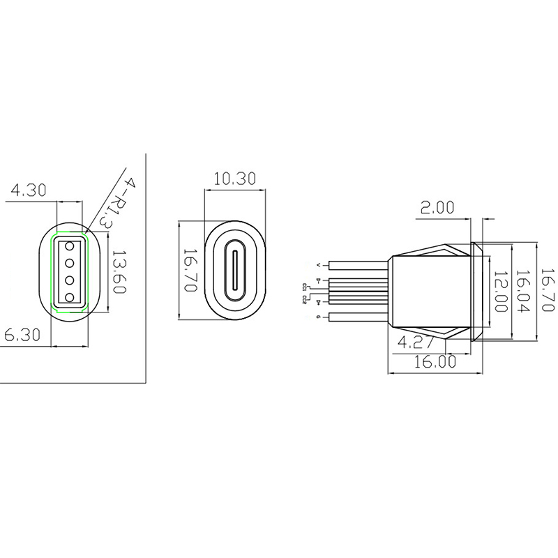 6 Pin Press Type USB Connector Type-C Waterproof With PH 2.0 Female Socket KELONG. 