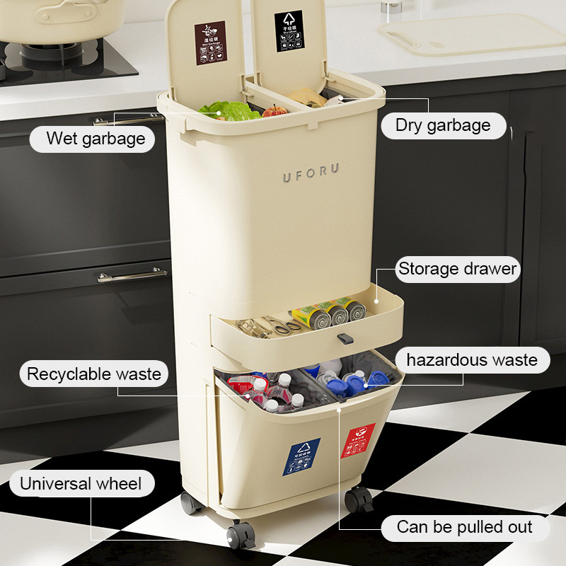 YONUO Kitchen trash can, household large press type, with pulley, cream wind, no bending, multi-layer dry and wet separation trash can