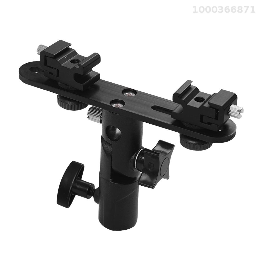 T-shaped Dual Flash Bracket Flash Speedlite Stand with 2 Cold Shoe Mounts 1/4 Inch to 3/8 Inch Mount Umbrella Hole Replacement for Canon YONGNUO Flash for Light Stand Photography Umbrella