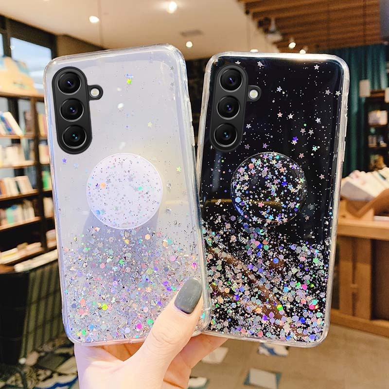 Phone Cover Samsung M35 A35 Back case Glittering Soft Stars Moon Sequins Folding Stand Transparent Silicone Anti Drop For Galaxy A35 M35 Phone cases.