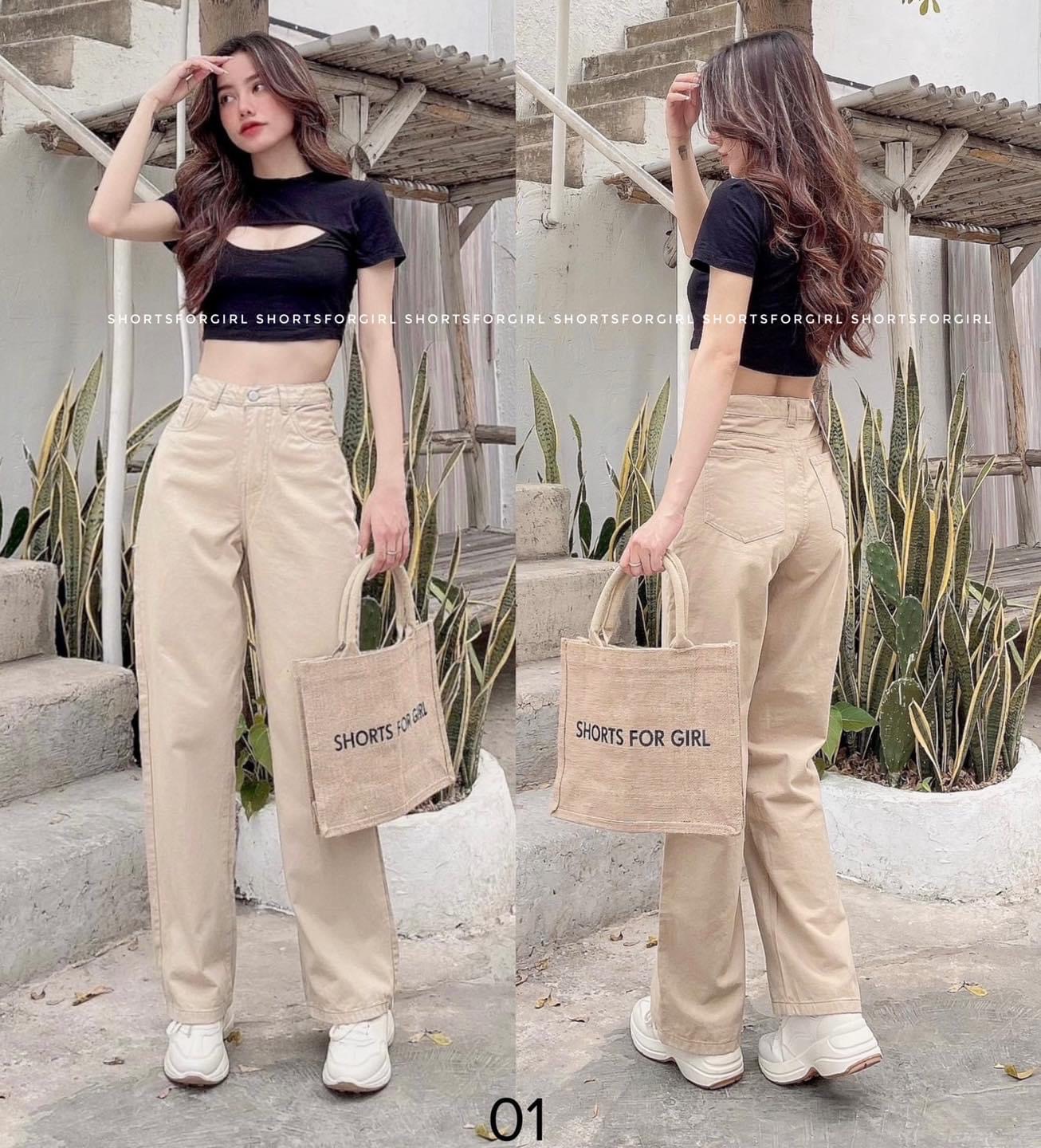 Quần baggy ống rộng nữ màu kem quần ống suông simple quần jeans nữ lưng cao