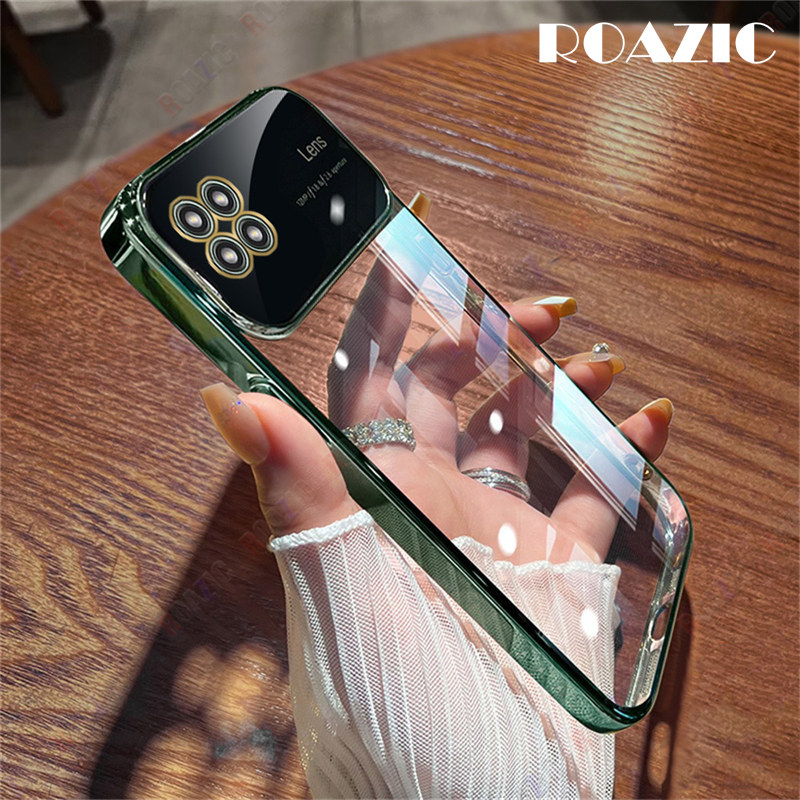 ROAZIC With Lens Film Case For Samsung Galaxy A22 5G Electroplated Phone Casing Large View Transparent Soft TPU Shockproof Ultra-thin Back Cover C01-2