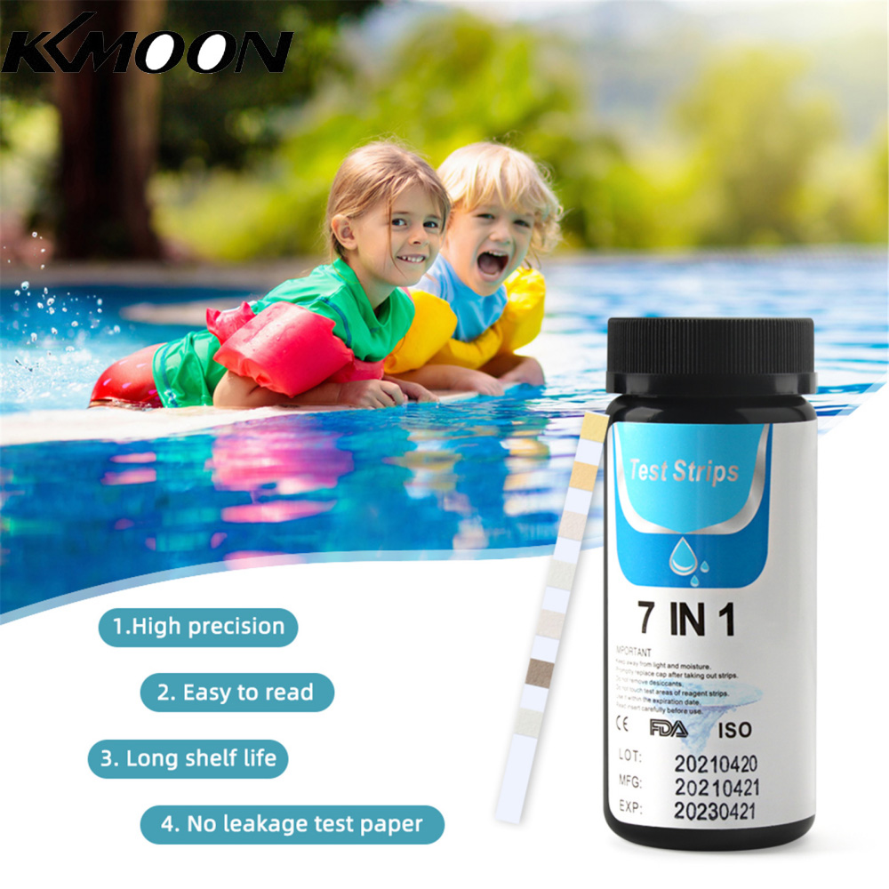 Que thử kkmoon 7 trong 1, bộ kiểm tra que thử spa và hồ bơi cho tổng độ cứng/tổng clo/clo tự do/bromine/ph/tổng độ kiềm/nitrit 50ct