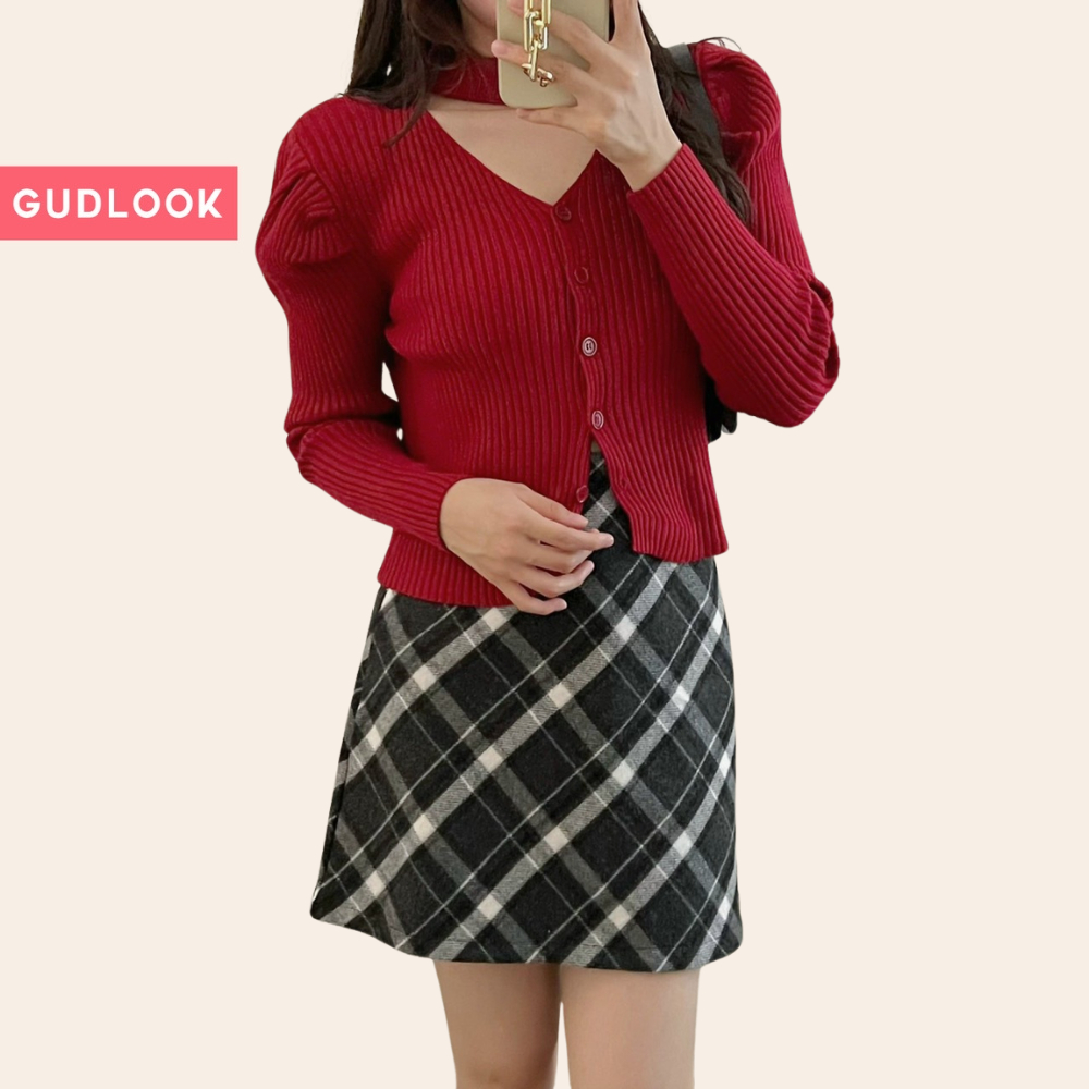 Chân váy dạ ngắn chữ a gudlook hoạ tiết kẻ caro