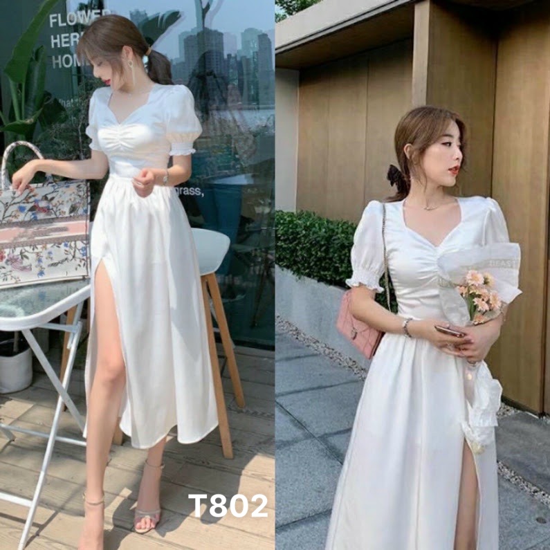 Đầm xẻ tà dáng dài tay phồng chất liệu đũi nhăn cao cấp dạo phố tiểu thư T802