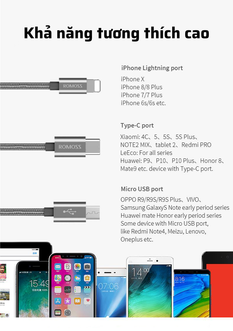 Cáp sạc Romoss, cáp sạc 3in1 CB25A cổng sạc Type-C Lightning Micro USB dây dài 2m