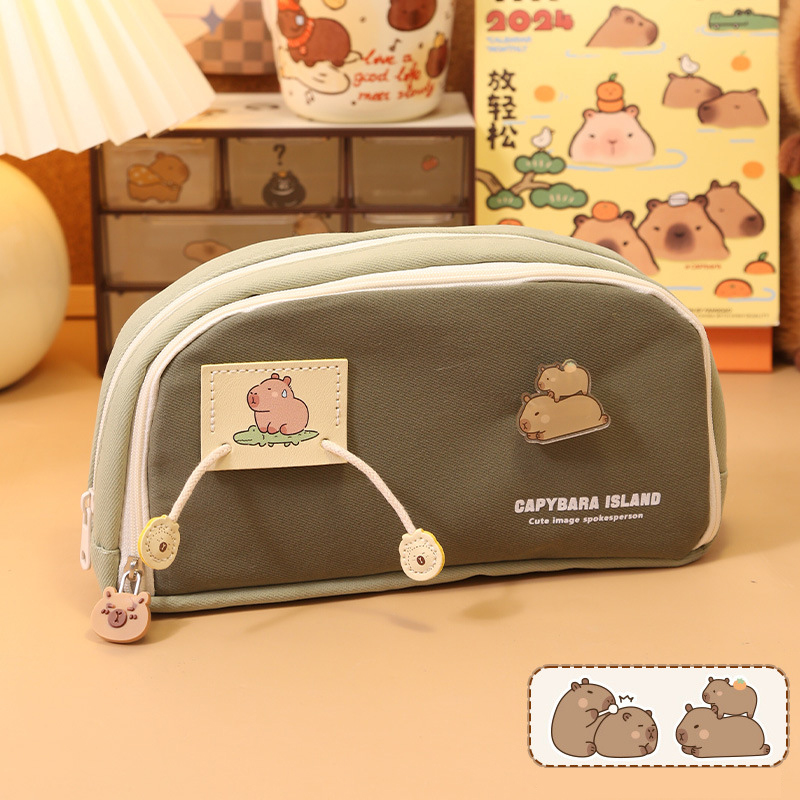 Capibala Pen Bag Multi functional Canvas Three Layer Large Capacity Pen Bag Cute and Creative Student Stationery Bag Pencil Bag