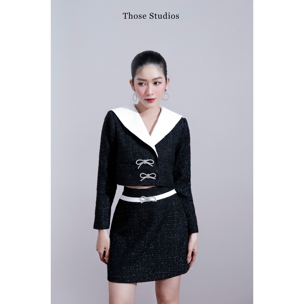Those Studios Set dạ tweed nữ, set tweed chân váy chữ a màu đen Casta Dress