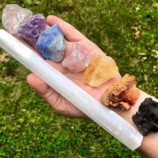 Raw Crystal 7 Chakra Set with Selenite Wand Chakra Set Chakra