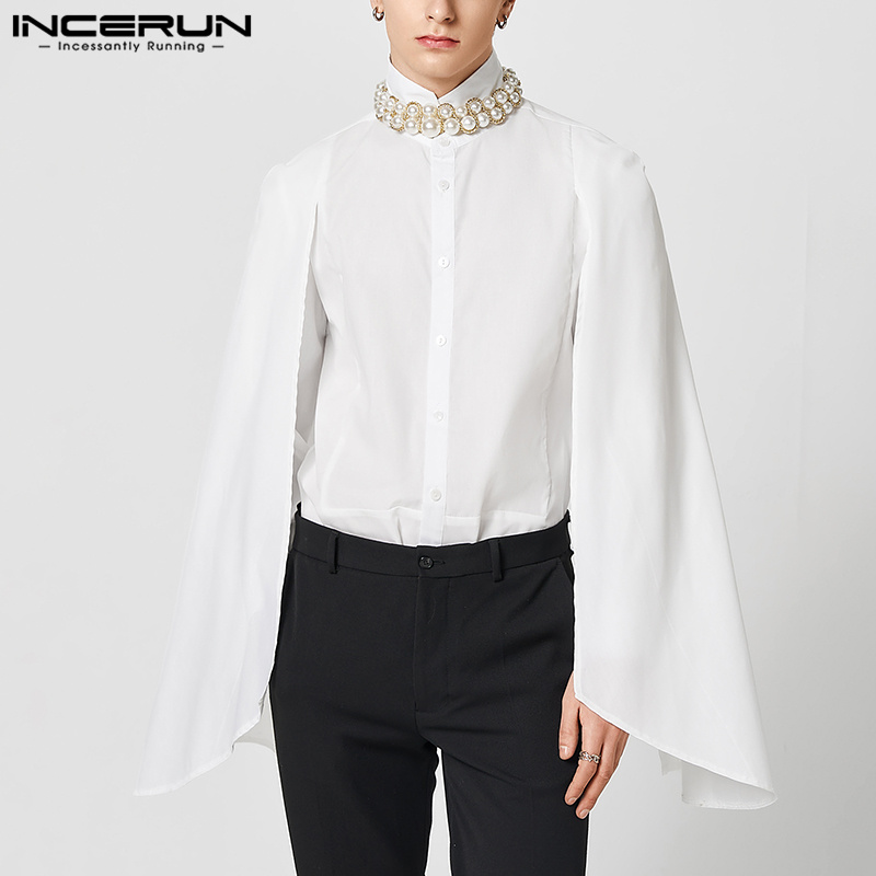 INCERUN Mens Elegance Patchwork Cloak Plain Shirts Formal Party Lapel Tops (Western Style)