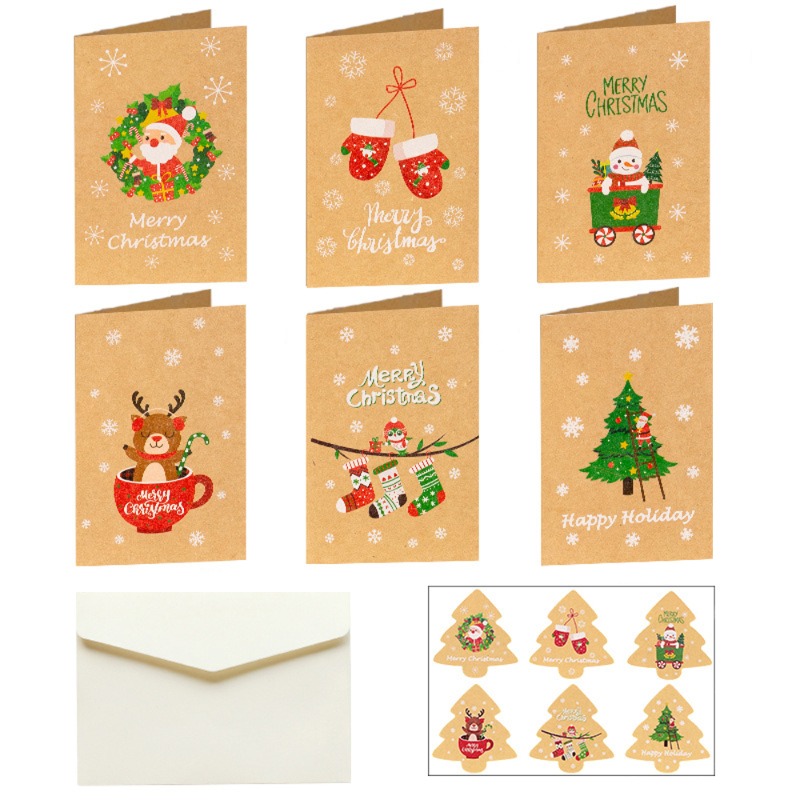 6pcs Merry Christmas Greeting Cards with Envelope Xmas New Year Invitations Postcard Card Christmas Holiday Gift Party Supplies