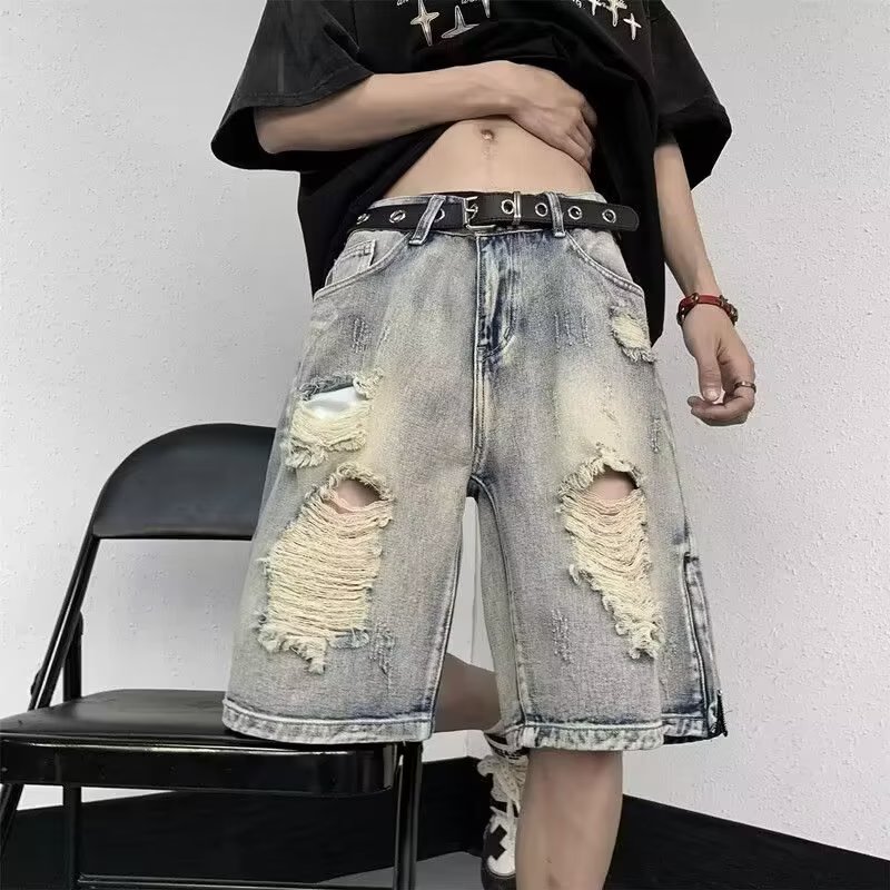 MOLAN Men's loose straight washed denim shorts Large size light denim shorts