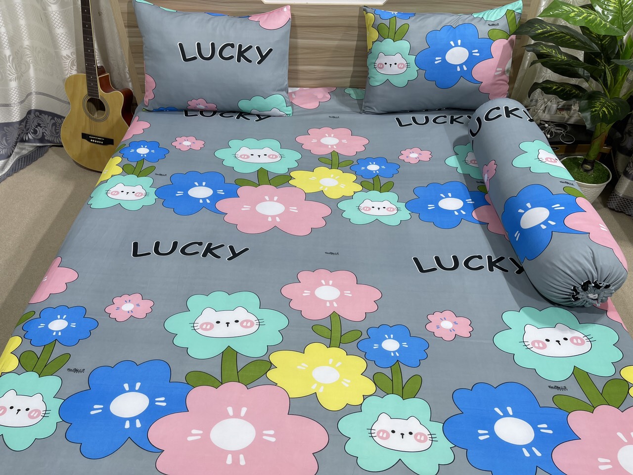 BỘ DRAP GA THUN (HOA LUCKY) 4 MÓN