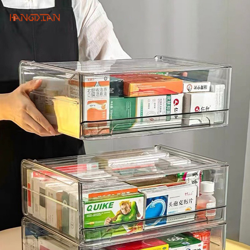 HANGDIAN  【Miễn Phí Vận Chuyển】Ngăn Kéo Ống đựng thuốc nhiều lớp có thể được xếp chồng lên nhau với hộp lưu trữ thuốc trong suốt có độ trong suốt cao và hộp lưu trữ thuốc trong suốt chống bụi dung lượng lớn