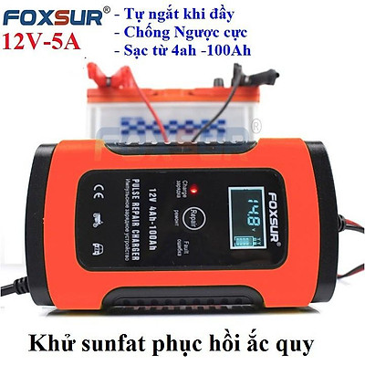 Sạc bình ắc quy 12V FOXSUR tự ngắt khi đầy chức năng bảo dưỡng phục hồi ắc quy bằng khử sunfat chống ngược cực