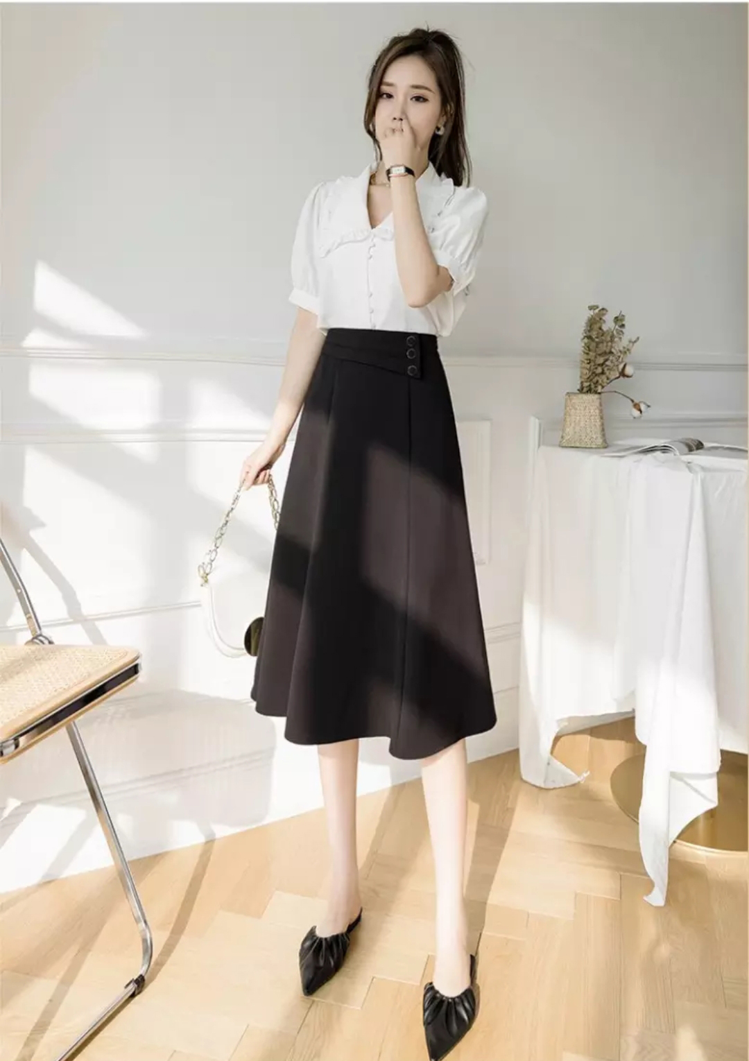 [CHÂN VÁY CÔNG SỞ ĐẸP]Chân Váy Xòe Phối Nút Công Sở Cách Điệu Lưng (váy dài 67cm)