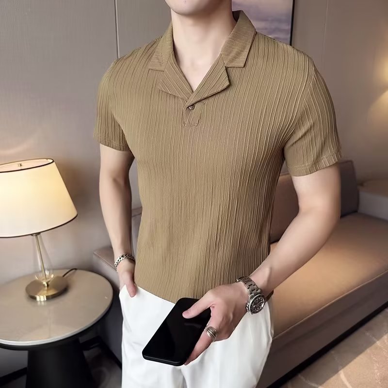 EERSHENSHI Cuban collar short sleeves new summer T-shirt Ice silk striped Polo shirt slim fit solid color top