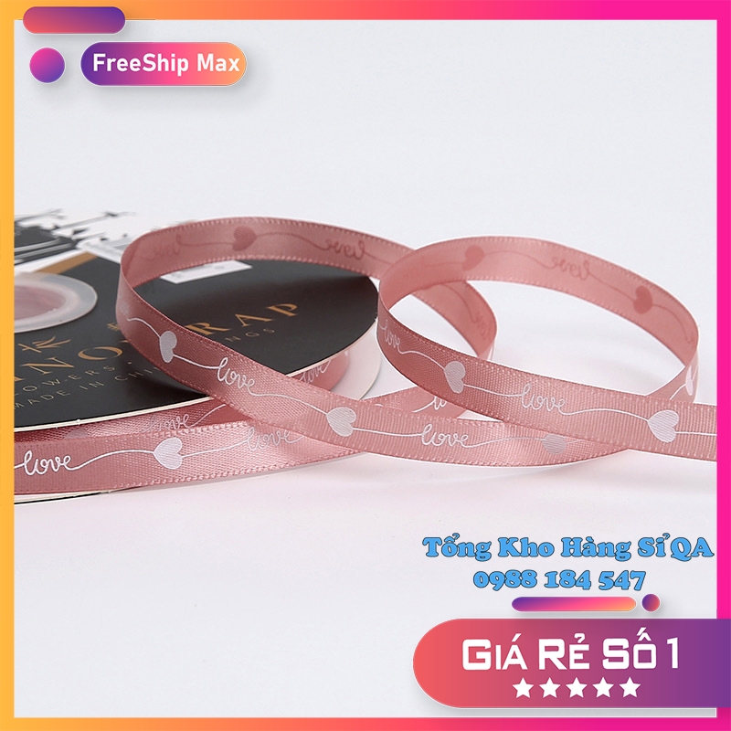 [Lẻ 5 mét] Ruy băng lụa size 1cm in hình Tim LOVE
