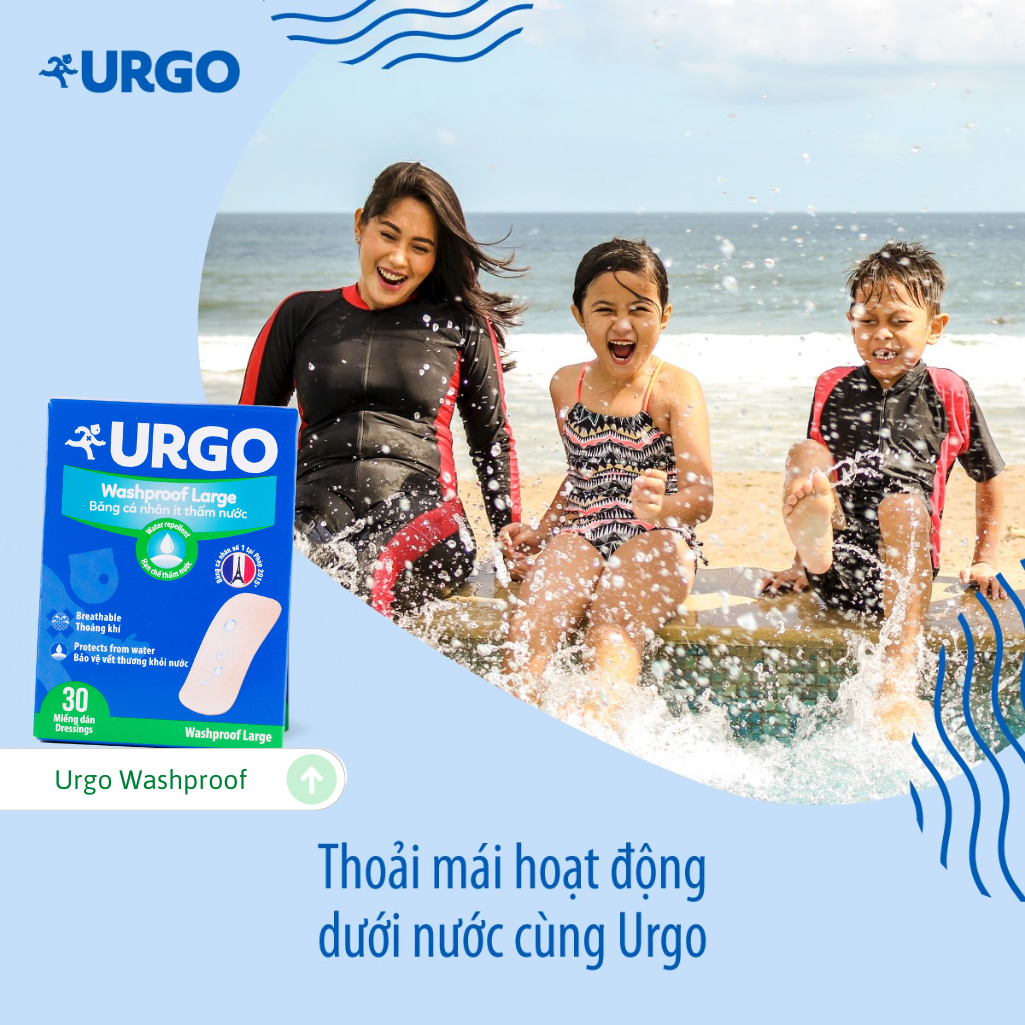 Băng cá nhân ít thấm nước Urgo Washproof Large (Hộp 30 miếng)