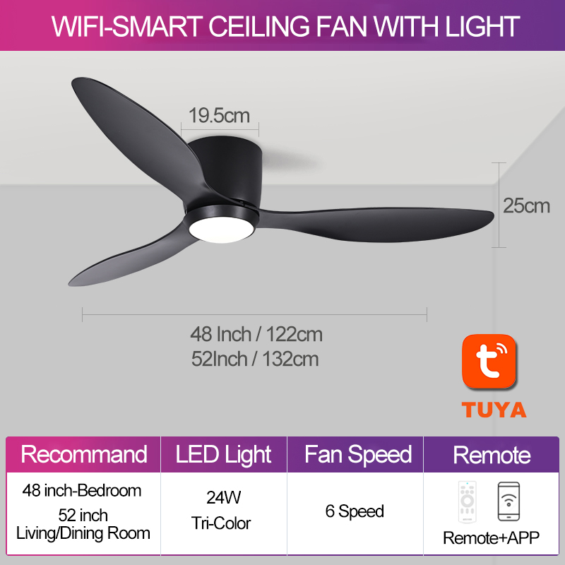 WIFI Ceiling Fan With Light DC Motor Ceiling Fan 24W Tri Color Light